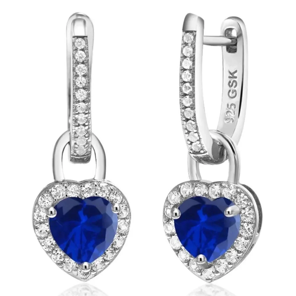 925 Sterling Silver 2.10 Cttw Blue Sapphire and White Sapphire Heart Earrings